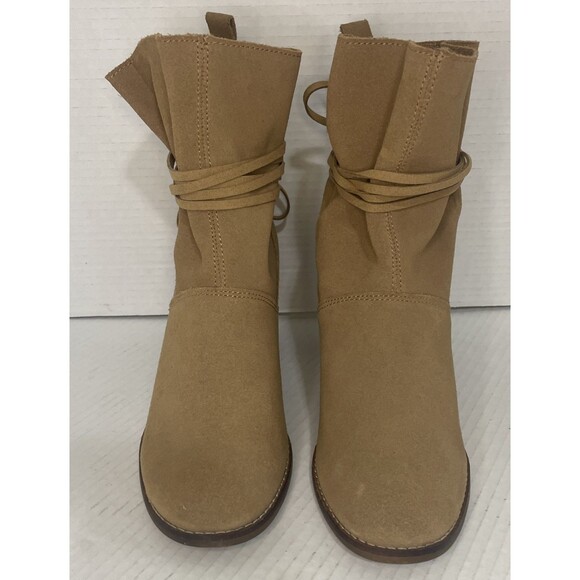 TOMS Ankle Boots Women's 7.5 Tan Suede Block Heel Wrap Lace Booties Casual Fall - Picture 2 of 13